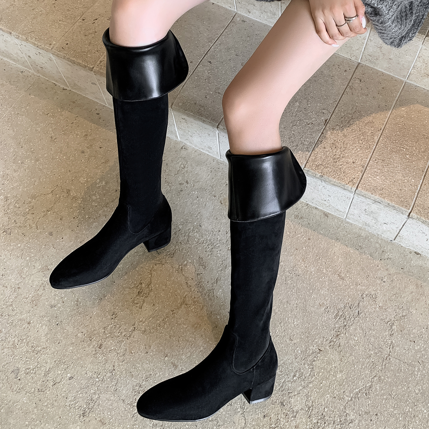 4.5cm两穿翻边粗跟过膝长靴女