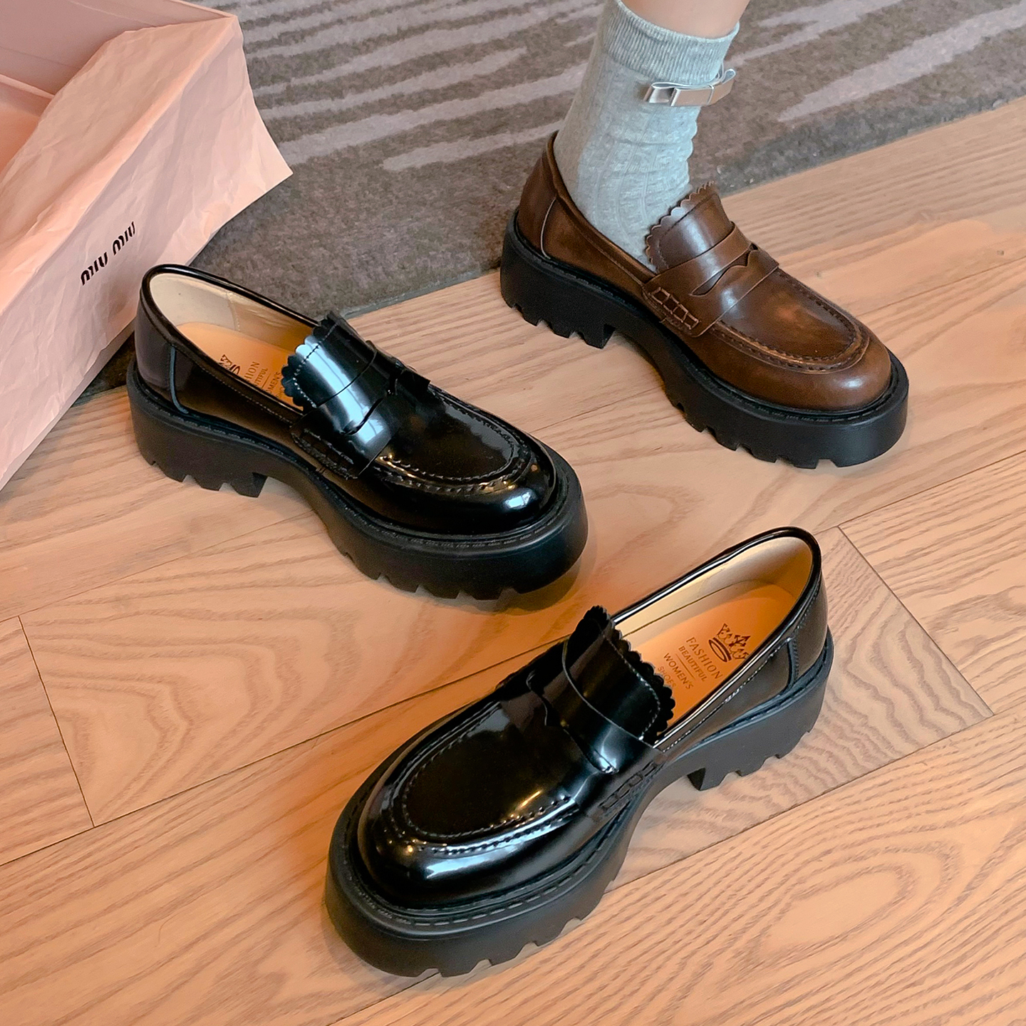 英伦乐福鞋增高厚底一脚蹬单鞋