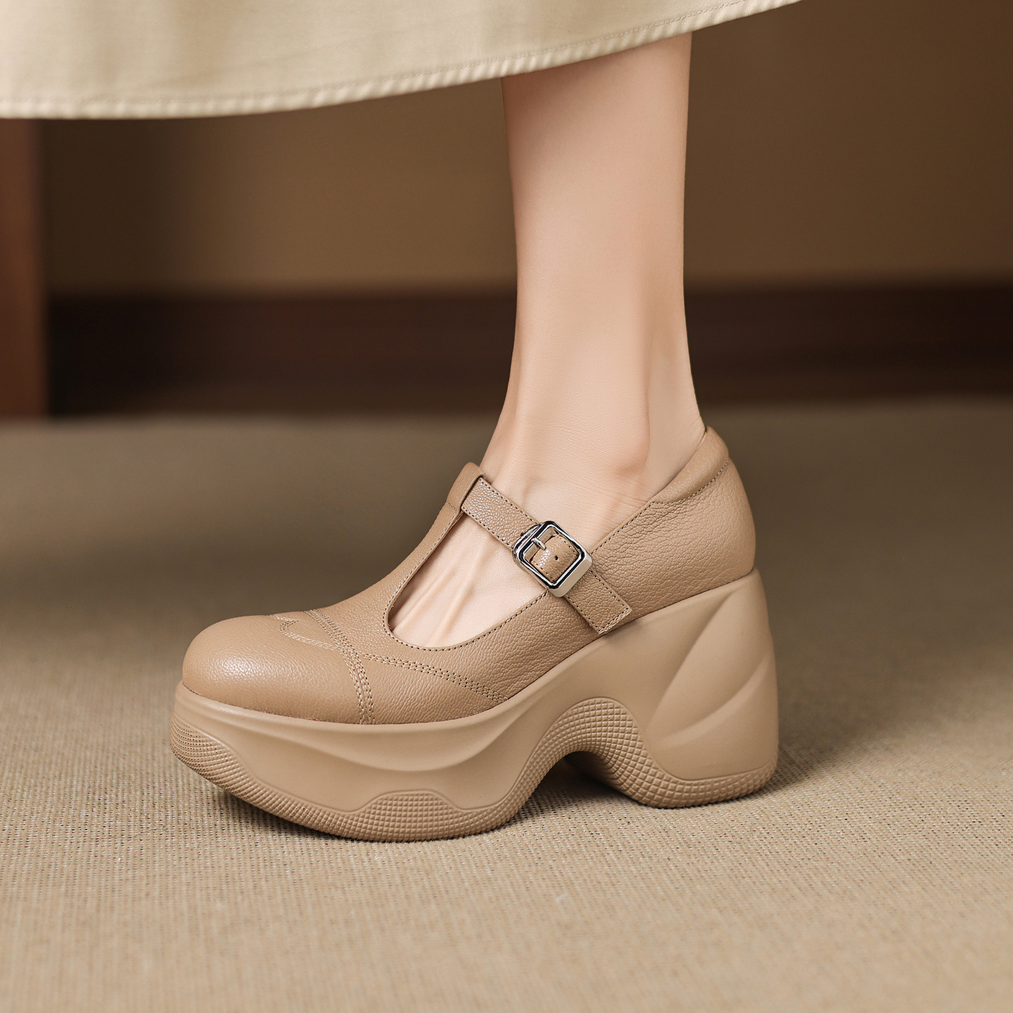 9cm复古真皮粗跟厚底玛丽珍单鞋