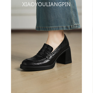 真皮小个子增高单鞋 7.5cm英伦风粗跟山茶花高跟乐福鞋 女2026新款