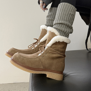 4cm冬季 粗跟保暖加绒雪地靴女真皮磨砂圆头马丁靴两穿毛毛短靴子