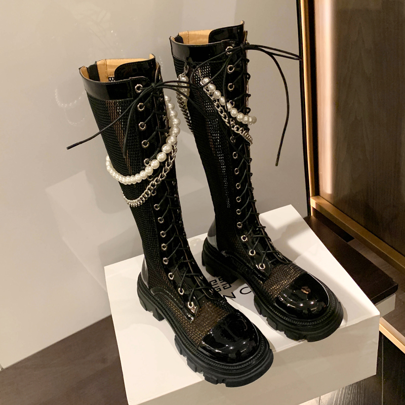 网纱镂空骑士靴链条透气长筒凉靴