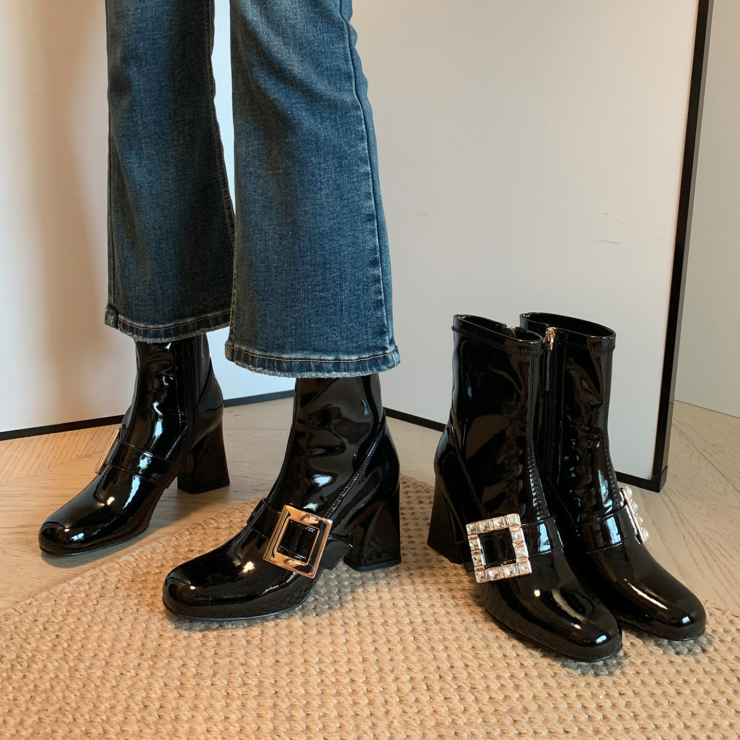 漆皮水钻方扣高跟短靴子女2025款