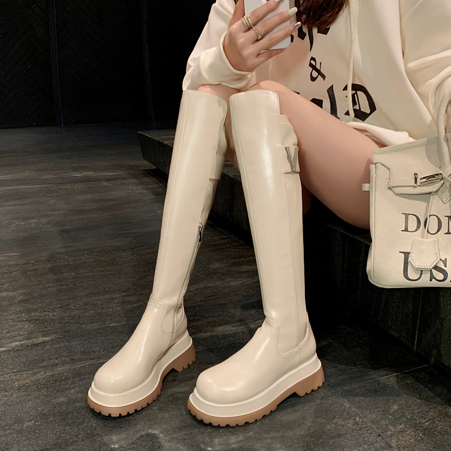 真皮厚底过膝高筒纯色圆头时装靴