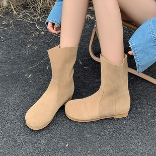 靴子女2025年新款 磨砂牛皮西部靴平底复古风文艺森女短筒切尔西靴