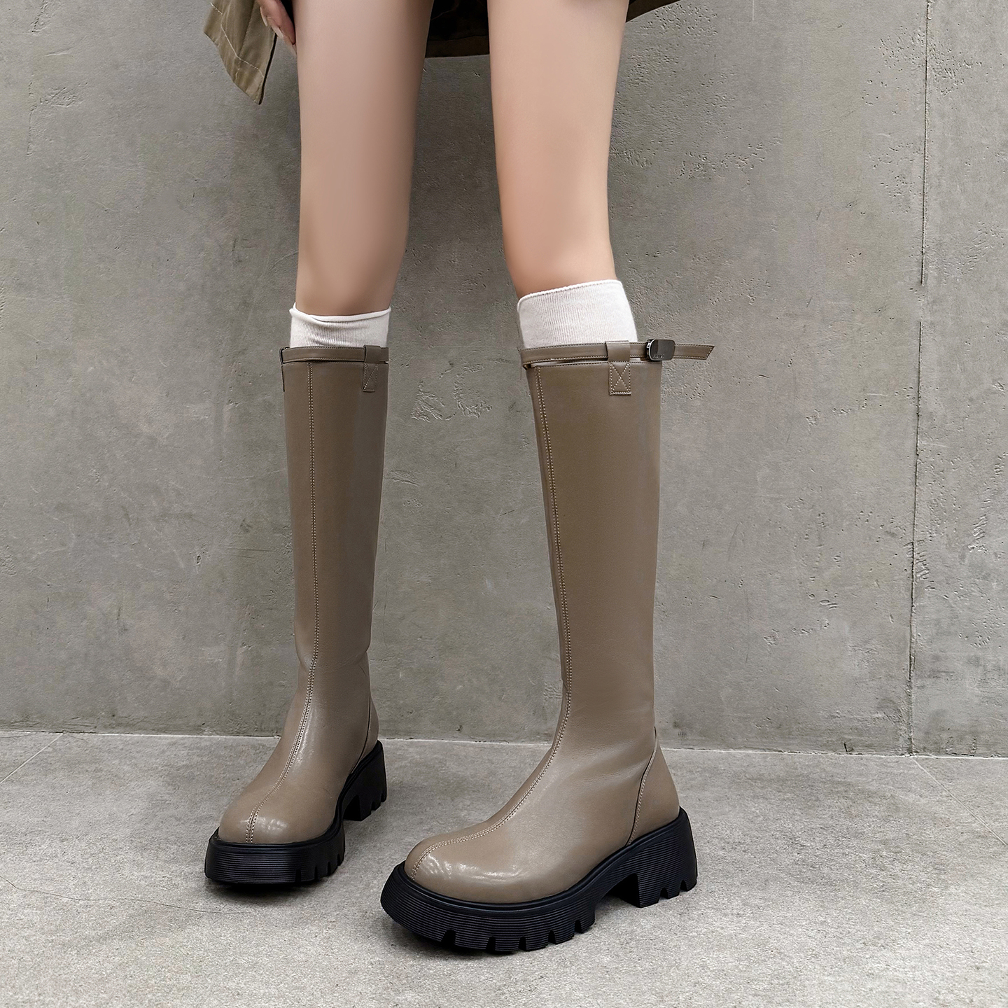 5cm不过膝圆头厚底高跟骑士靴女