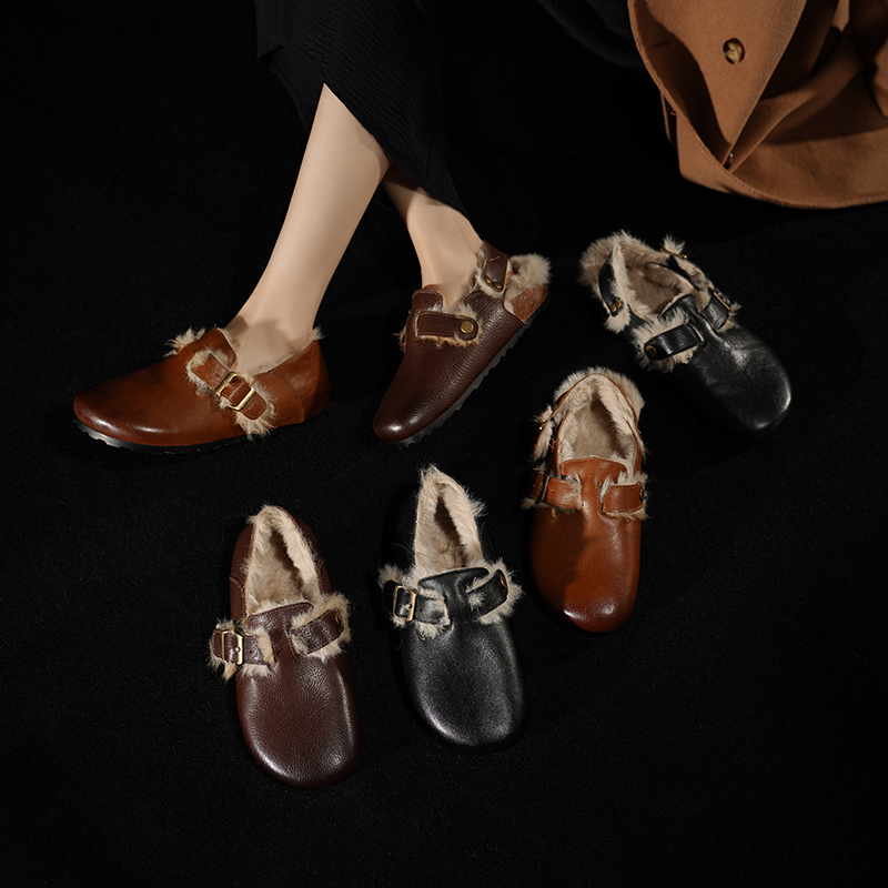 真皮平底加绒全包勃肯鞋女秋冬