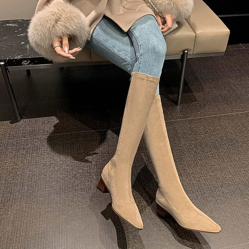 显瘦显腿直气质方头粗跟弹力靴