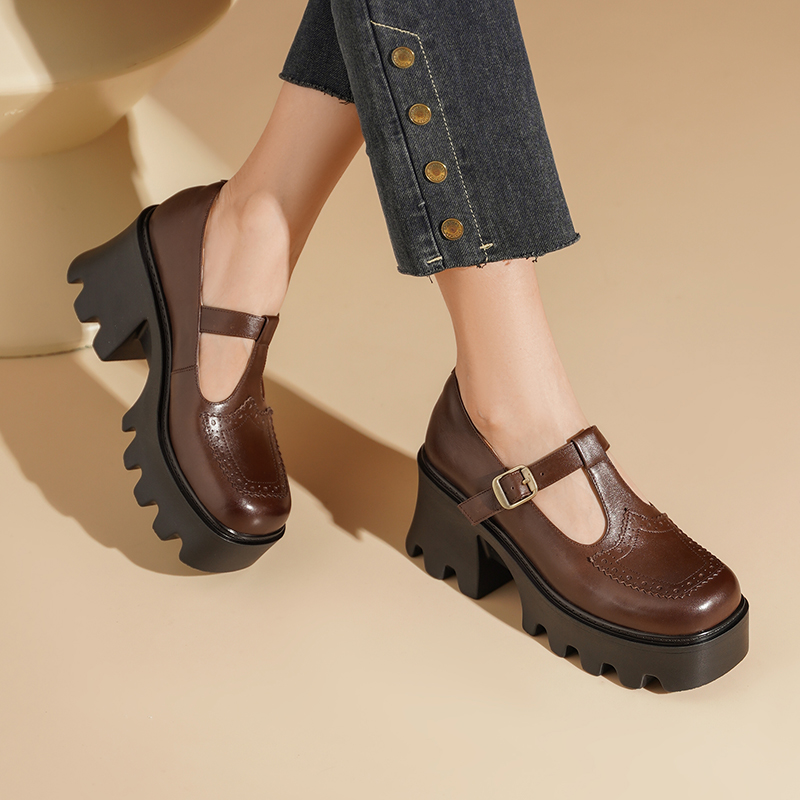 厚底方头高跟单鞋女2025新款真皮