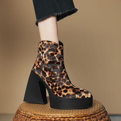12cm超高跟真皮马毛豹纹短靴女