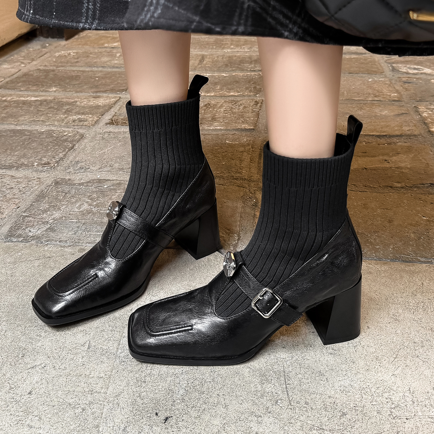 秋冬真皮袜子靴百搭针织弹力靴