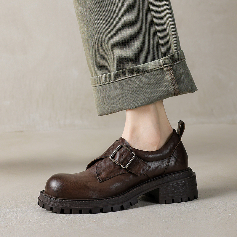 英伦皮带扣一脚蹬乐福鞋粗跟单鞋