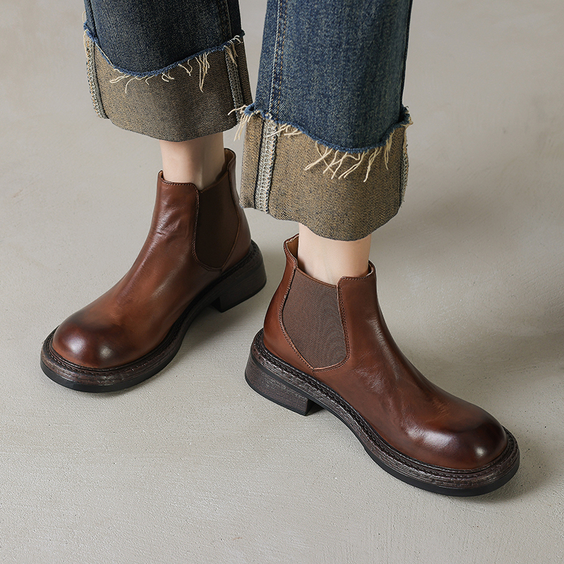 棕色真皮切尔西靴女秋冬新款加绒