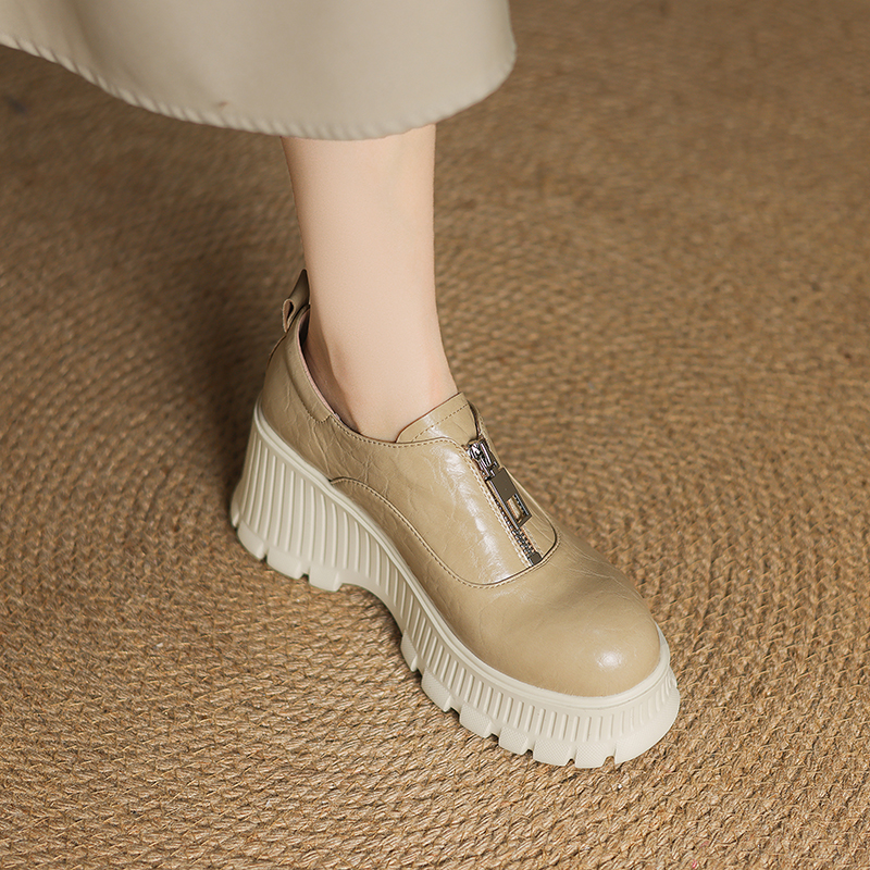 真皮前拉链乐福鞋女厚底2025新款