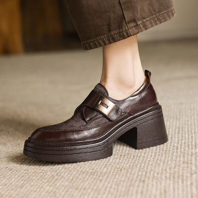 粗高跟单鞋马毛一脚蹬复古乐福鞋