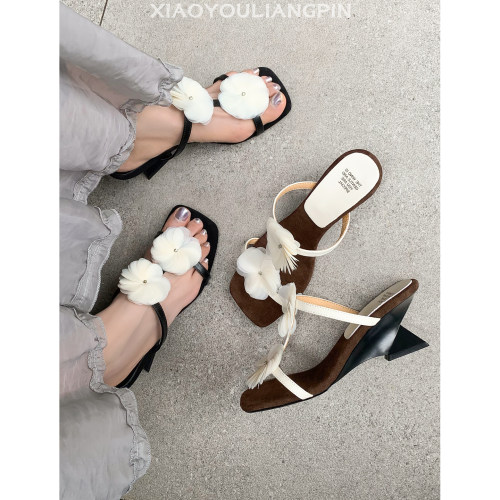 仙女风花朵坡跟一字拖女夏
