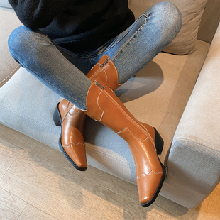 欧美街头风粗跟方头气质牛仔靴女2025年秋新款 网红街拍百搭西部靴