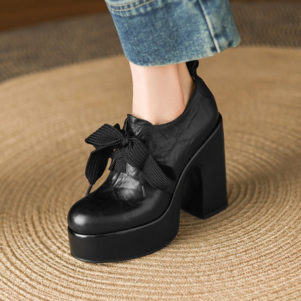 13cm真皮超高跟鞋女2025新款粗跟防水台厚底单鞋小个子增高小皮鞋