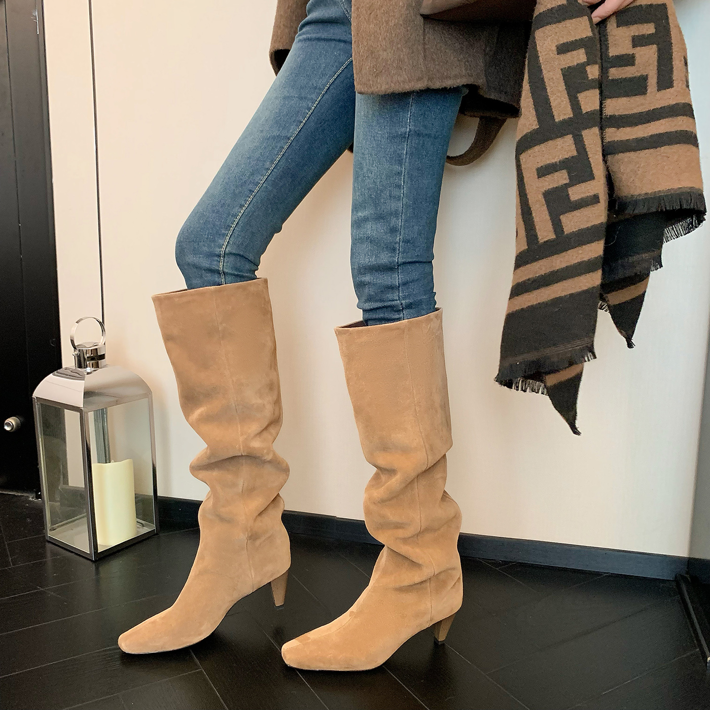 6cm复古磨砂粗跟方头堆堆靴