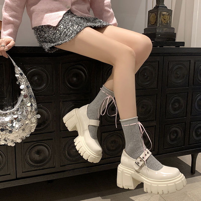 厚底粗跟法式玛丽珍鞋女2025春季新款百搭真皮一字带高跟浅口单鞋