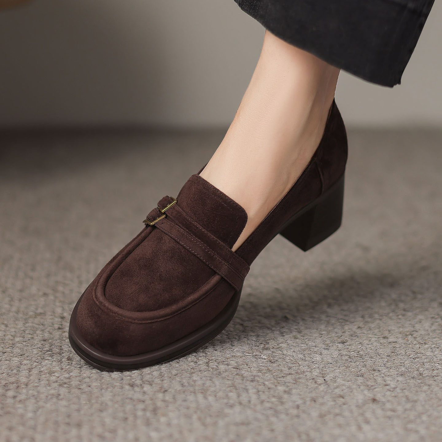 一脚蹬乐福鞋百搭加绒高跟鞋