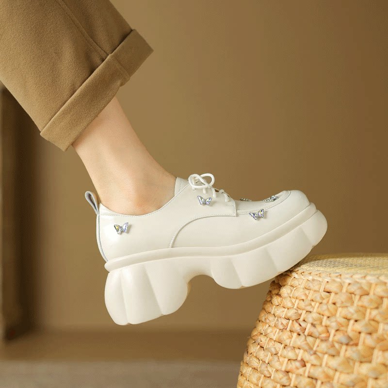 松糕鞋女鞋2024年春秋季新款甜美水钻增高系带厚底乐福单鞋小皮鞋