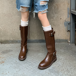 圆头中筒英伦风粗跟西部牛仔靴 3cm金属搭扣长筒骑士靴女2025新款