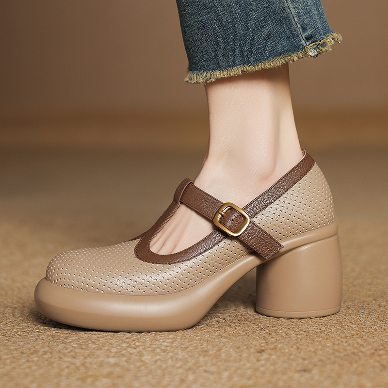复古真皮粗跟厚底玛丽珍单鞋女