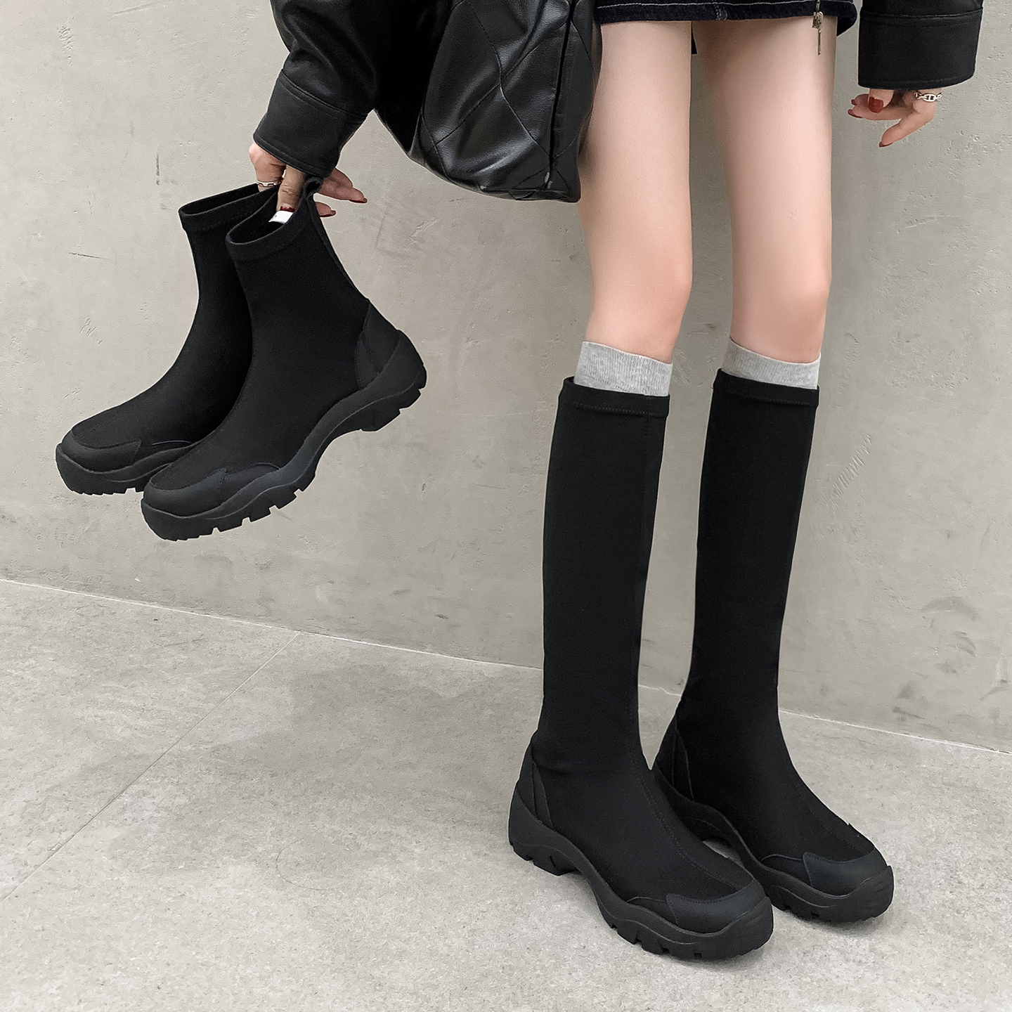 粗跟弹力瘦瘦短靴厚底骑士靴