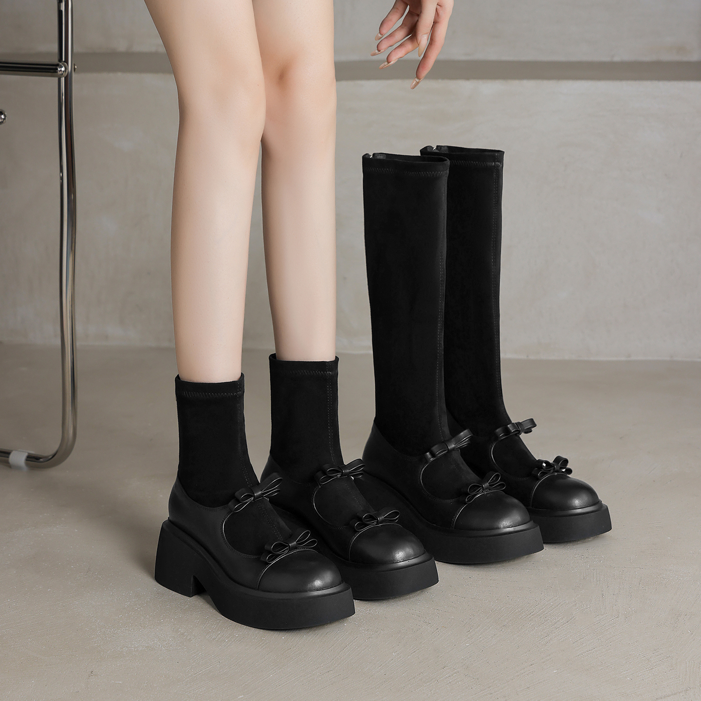 真皮弹力瘦瘦靴黑色蝴蝶结短靴子