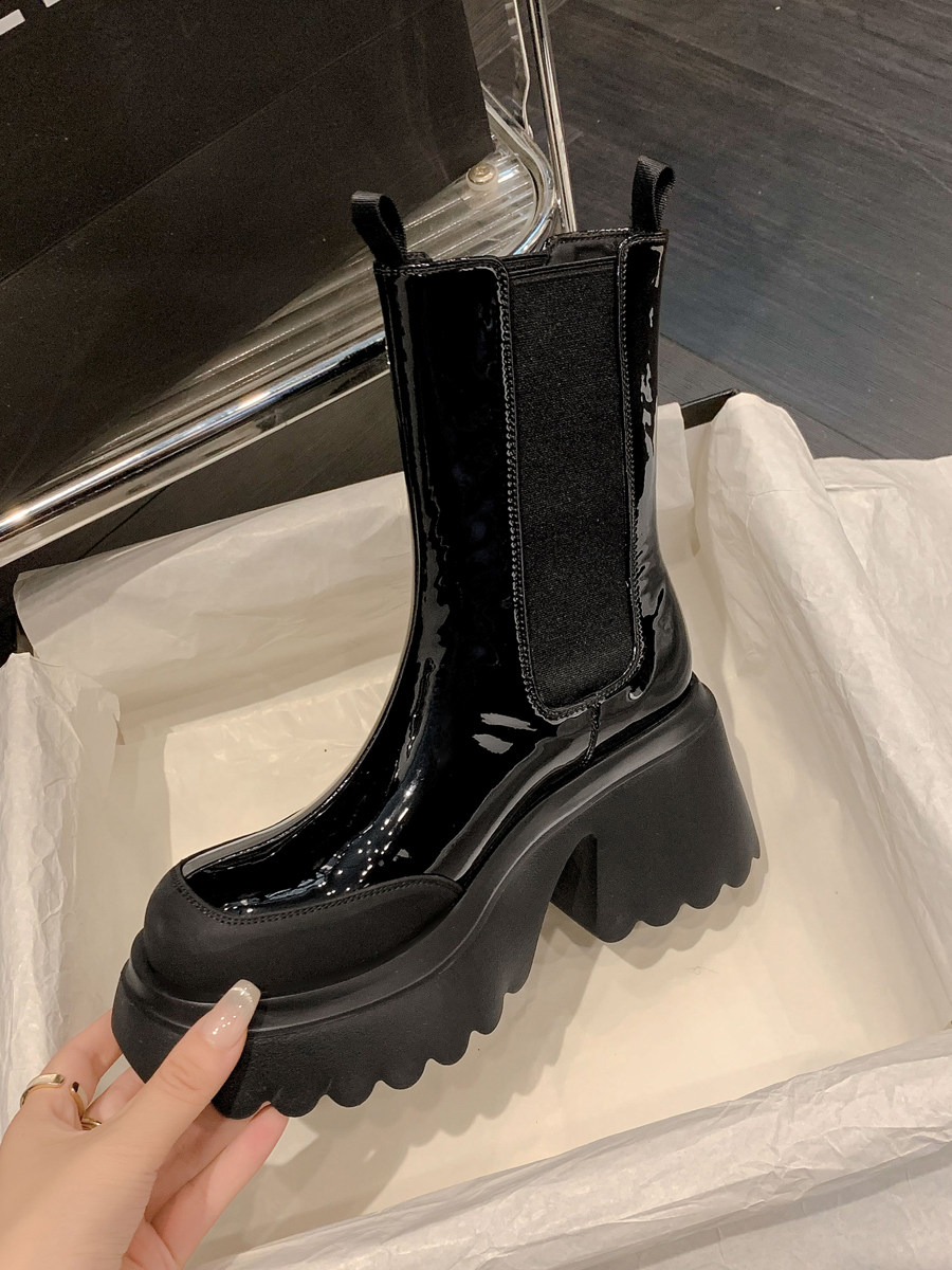 여성용 부츠 2024 숏 부츠  가죽 미드 커프 두꺼운 밑창 첼시 부츠 두꺼운 힐 마틴 부츠 영국 스타일 오토바이 굴뚝 부츠