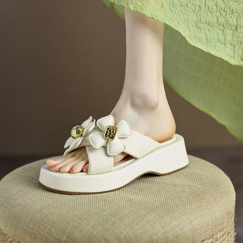 大花朵拖鞋女夏外穿厚底真皮露趾半拖鞋软底舒适休闲沙滩凉拖鞋子