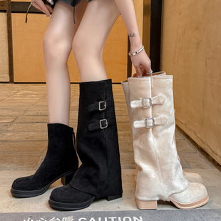 6cm粗跟两穿长筒靴子女2025新款 管靴可拆卸粗跟厚底骑士靴 增高裤