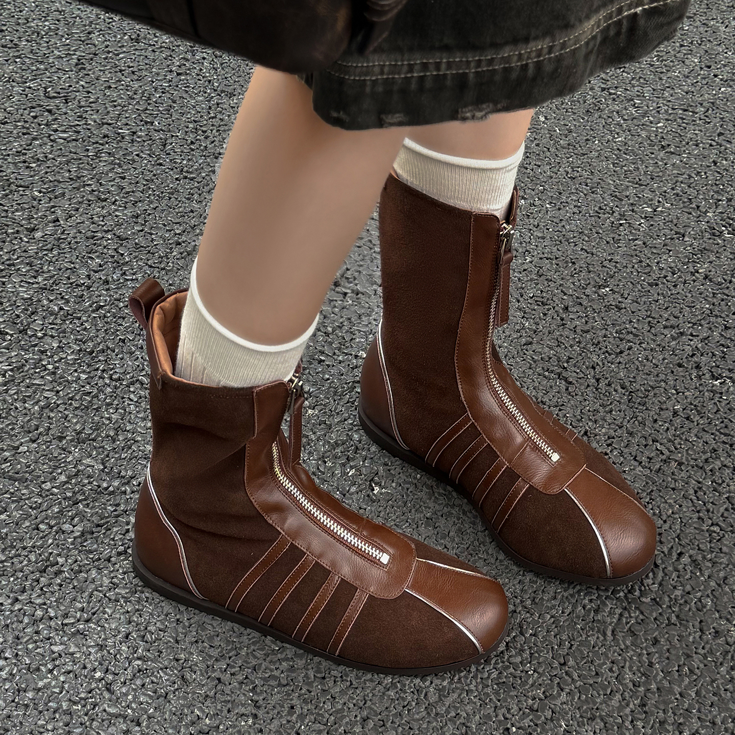 1cm小众拼接真皮前拉链短靴女