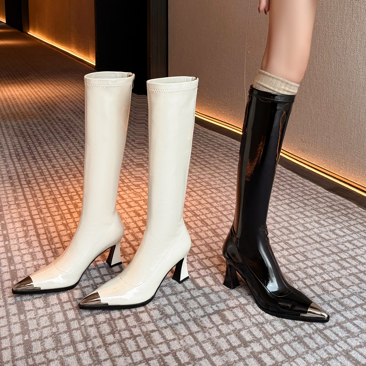 秋冬高跟瘦瘦靴金属尖头骑士靴