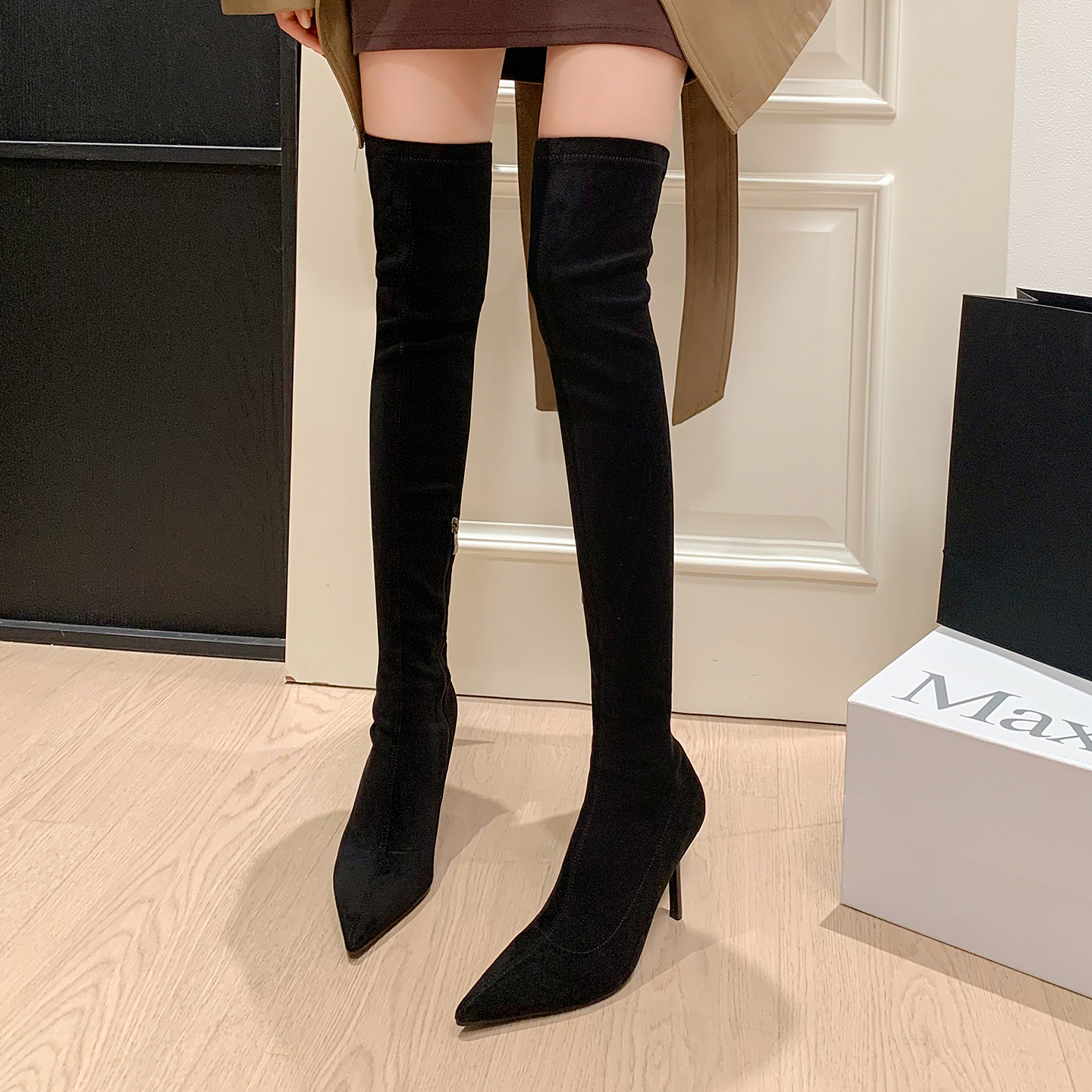 9cm显瘦卡其色细高跟过膝靴女