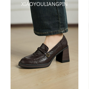 百搭不累脚单鞋 黑色小皮鞋 女2026新款 7.5cm复古羊皮粗高跟乐福鞋