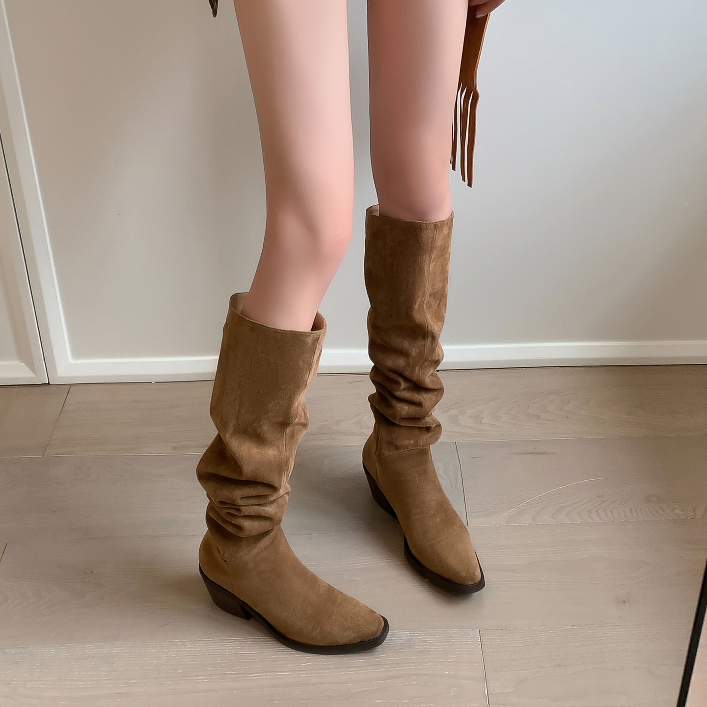 堆堆靴女麂皮西部靴不过膝长筒靴