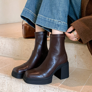 9cm超高跟弹力瘦瘦靴女2025秋冬新款 方头厚底粗跟马丁靴真皮短靴
