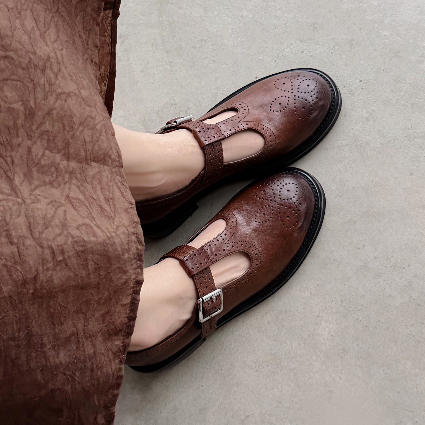 4.5cm布洛克雕花T字带玛丽珍鞋