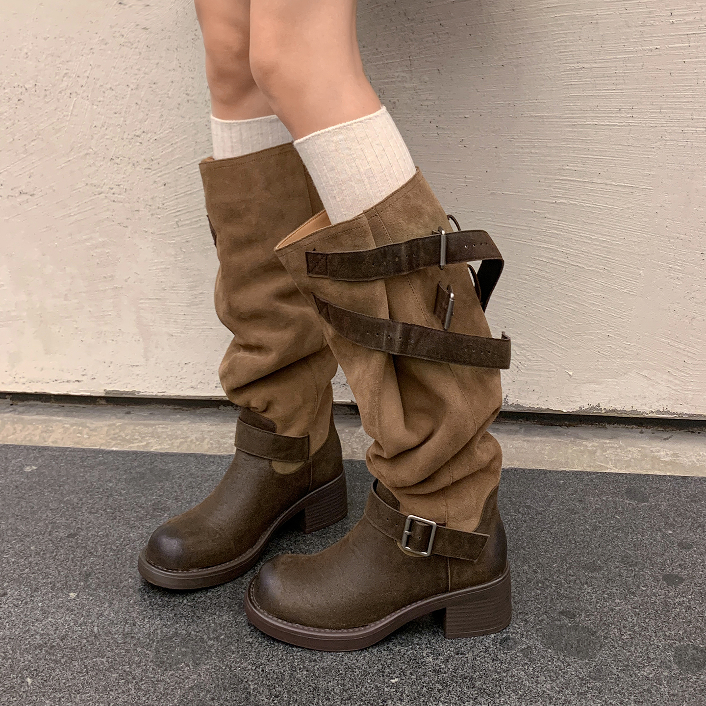 皮带扣粗跟褶皱堆堆靴西部牛仔靴