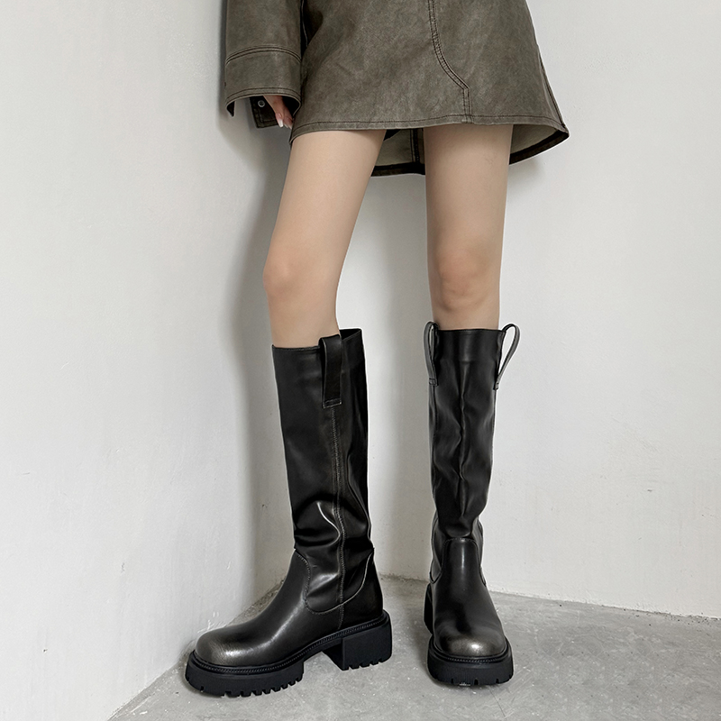 加绒百搭堆堆靴高筒厚底骑士靴