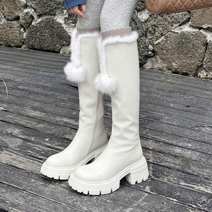 高跟白色保暖雪地靴 棉鞋 6.5cm真皮厚底加绒长筒靴女2025冬季 新款
