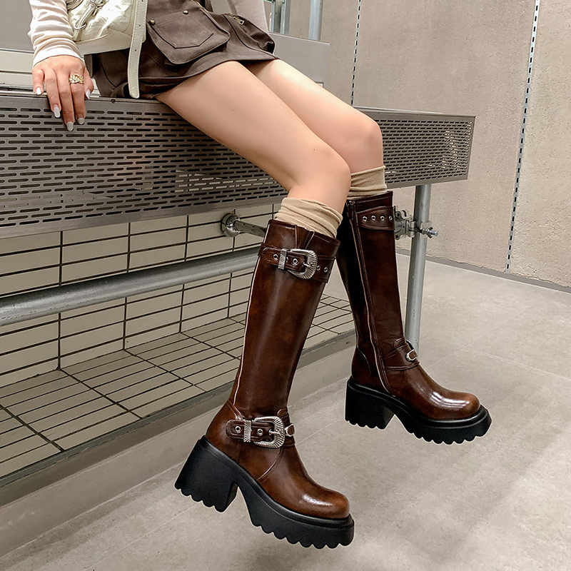 秋冬新款胖mm粗腿高跟骑士靴真皮