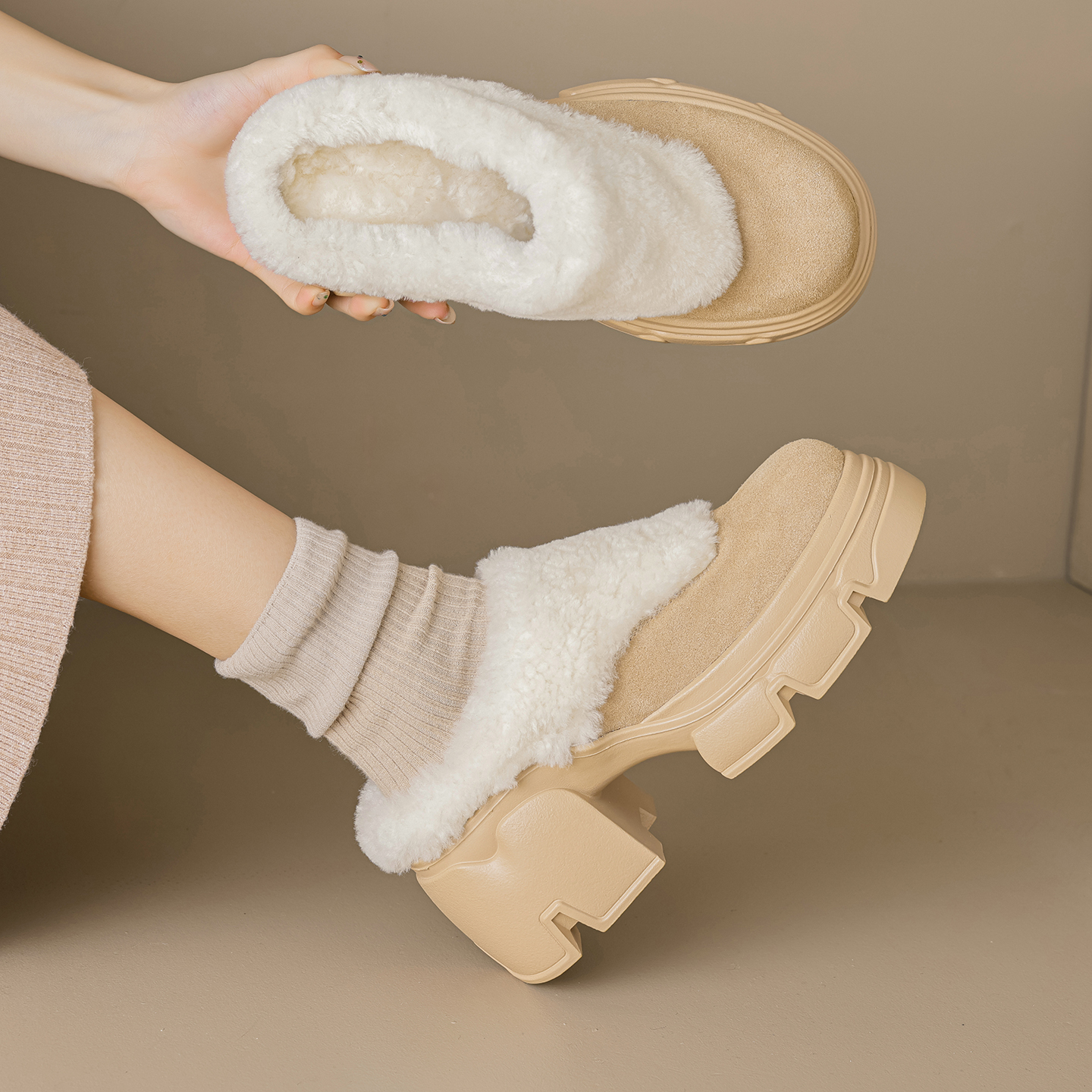 7.5cm厚底粗跟毛毛鞋女2025新款