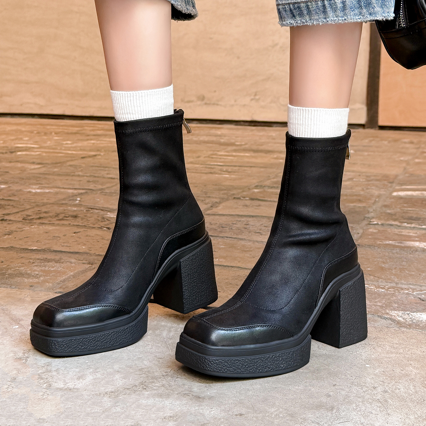 9cm厚底高跟防水台粗跟短靴女