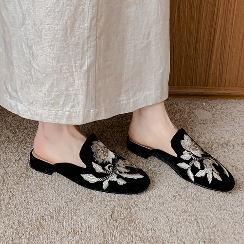 复古刺绣花卉外穿包头半拖鞋女夏