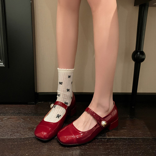 韩国圆头珍珠一字带玛丽珍鞋女