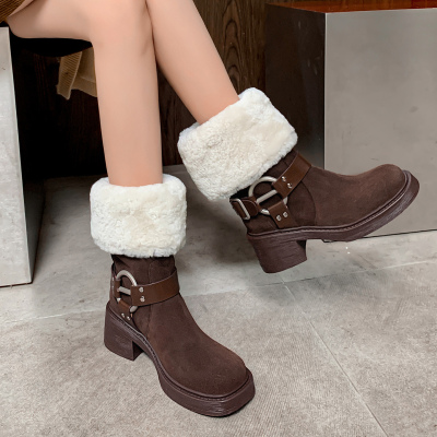 6cm高跟小众扣带西部牛仔雪地靴