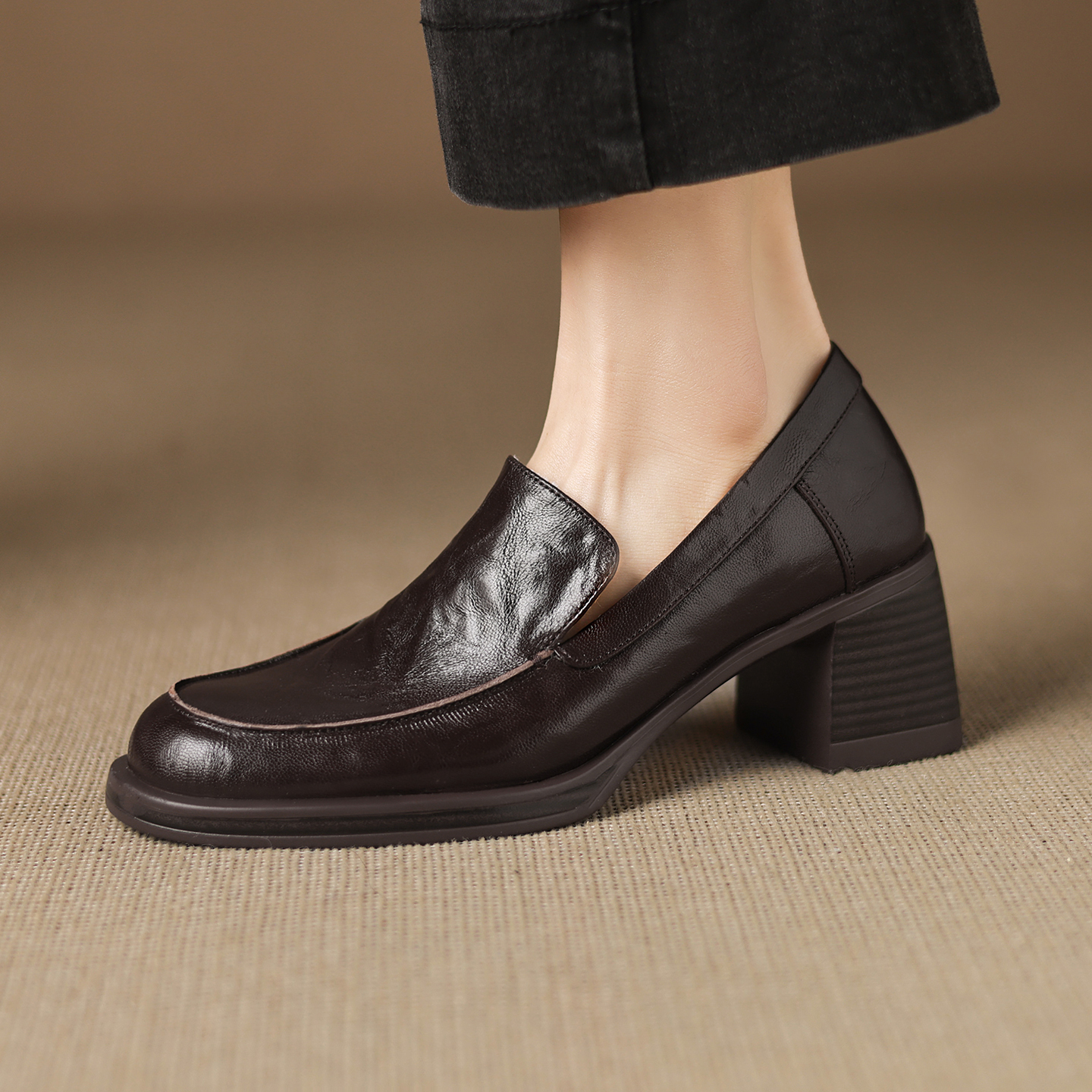 真皮复古单鞋高跟一脚蹬小皮鞋